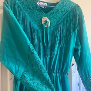 Vintage Turquoise Long Sleeve Dress with Fringe